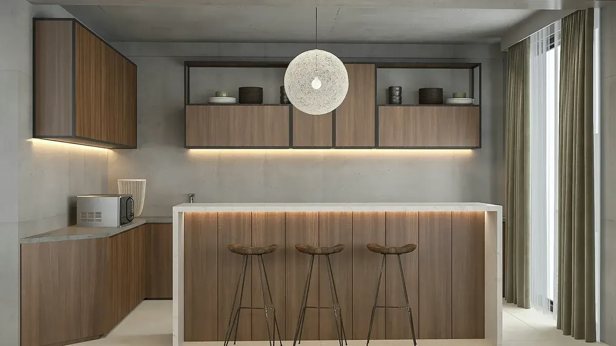 Temsilî görsel (Unsplash, SPurno Animation Studio): ahşap dolaplar, LED aydınlatmalı bar ve açık raflar