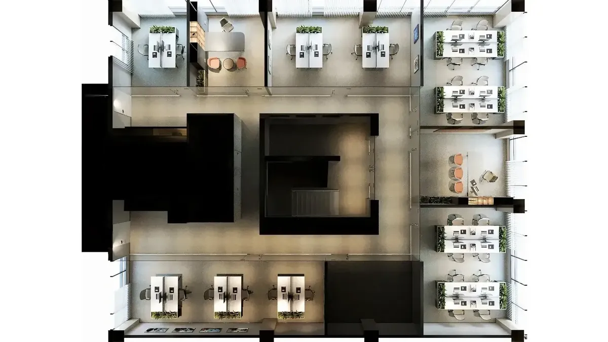Ofis projesi: kuşbakışı yerleşim planı (render)
