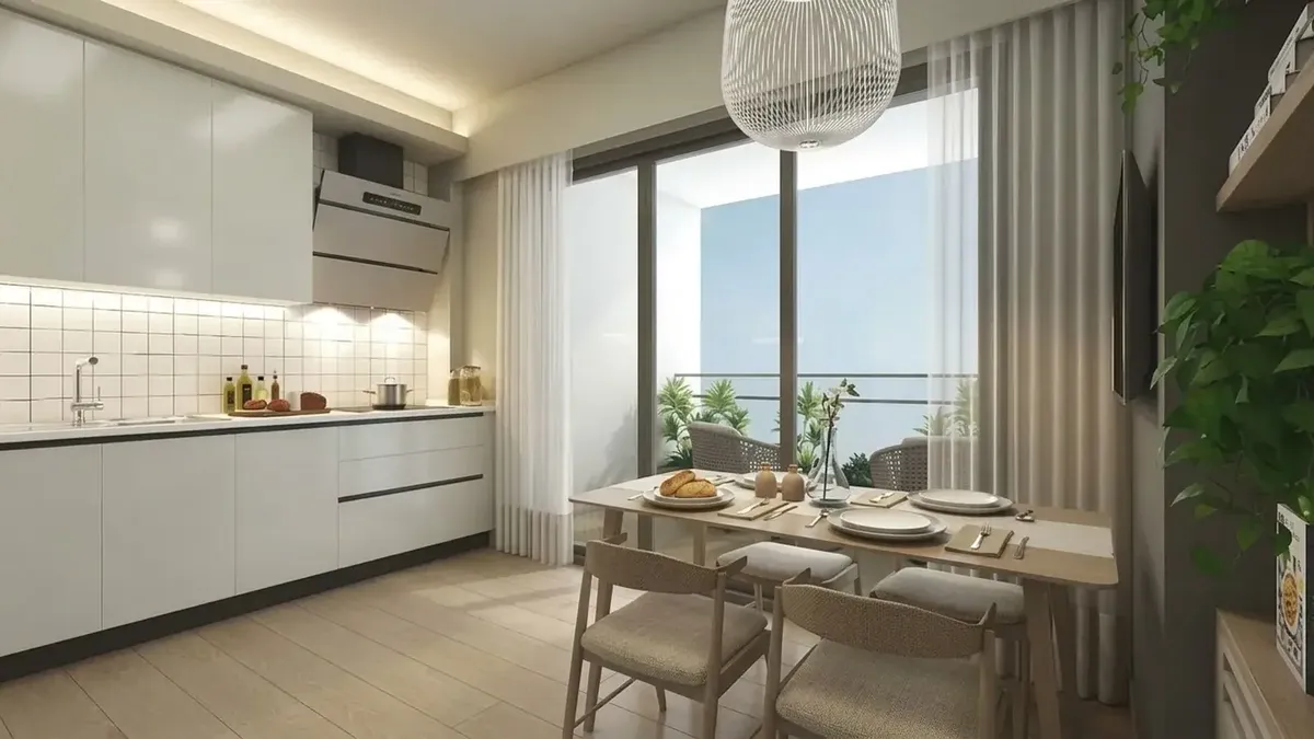 Oyakkent Siluet, mutfak: beyaz dolaplar ve balkona açılan yemek alanı (render)